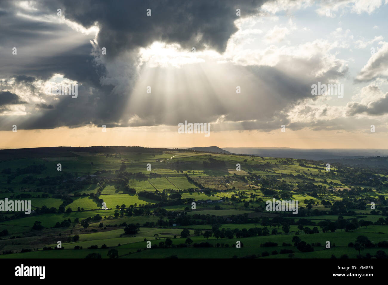 Sonnenstrahlen auf Staffordshire Landschaft auf einem sbeautiful Sommerabend, England, UK. Stockfoto