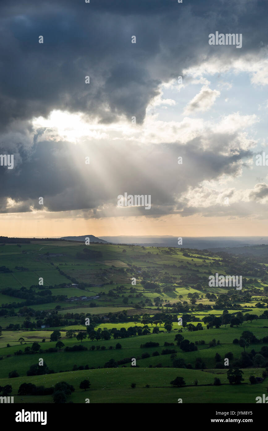 Sonnenstrahlen auf Staffordshire Landschaft auf einem sbeautiful Sommerabend, England, UK. Stockfoto