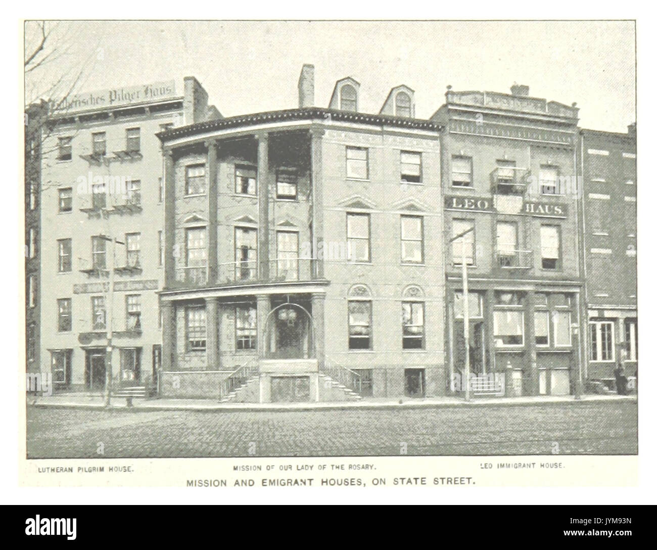 (King1893NYC) pg455 MISSION und Emigranten Häuser, auf der STATE STREET (Lutheranisches Pilger Haus, Mission unserer lieben Frau vom Rosenkranz, LEO Haus) Stockfoto
