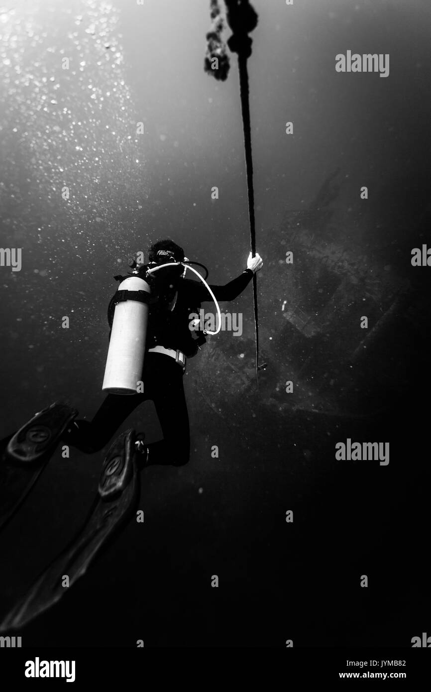 Schwarze und weiße Nahaufnahme von Scuba Diver absteigend Seil zu Schiffbruch Stockfoto