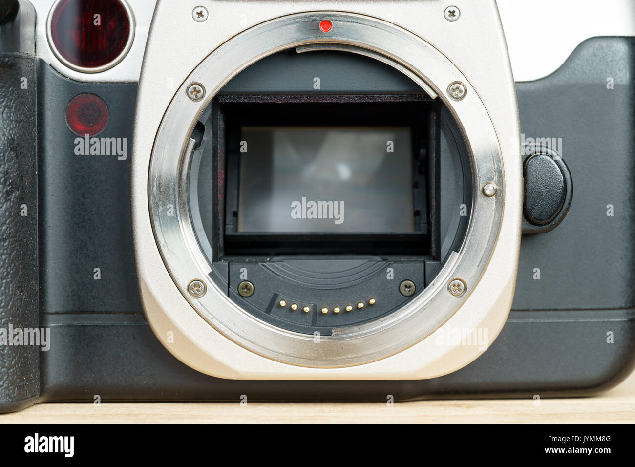 SLR Kamera Körper, Metall Bajonett Objektiv Nahaufnahme. Stockfoto