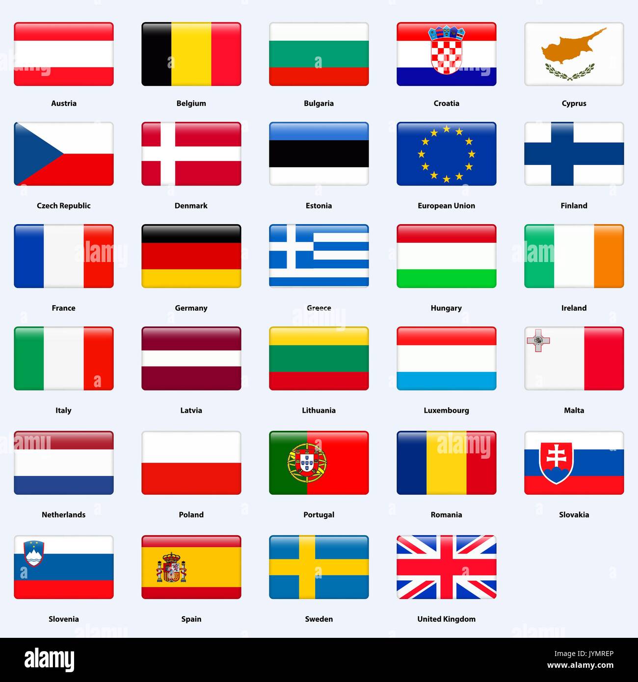 Alle Flaggen der Länder der Europäischen Union. Rechteck glänzenden Stil. Stock Vektor