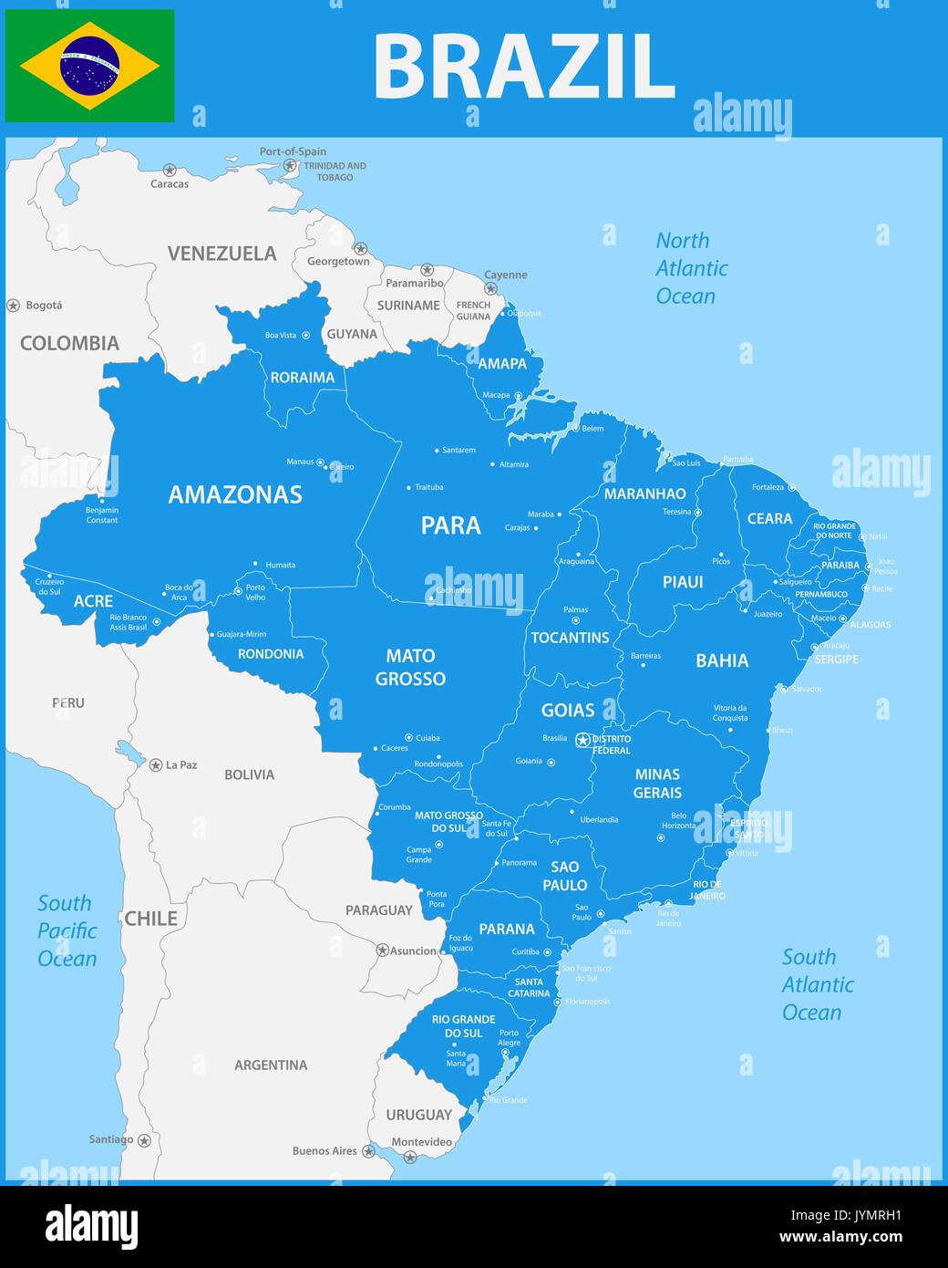 Die Detaillierte Karte Der Brasilien Mit Regionen Oder Staaten Und Stadte Hauptstadte Stock Vektorgrafik Alamy