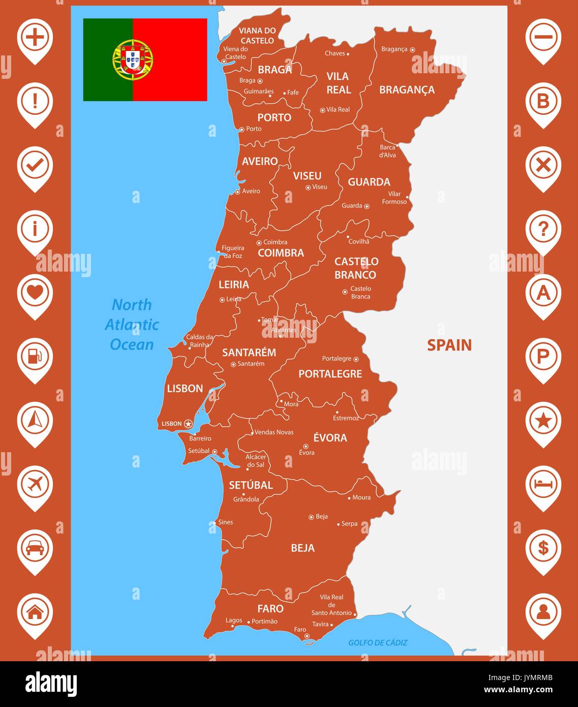 Die detaillierte Karte von Portugal mit Regionen oder Staaten und Städte, Hauptstädte. Mit Karte eine PIN oder ein Zeiger. Ort Standortmarkierungen oder Anzeichen Stock Vektor