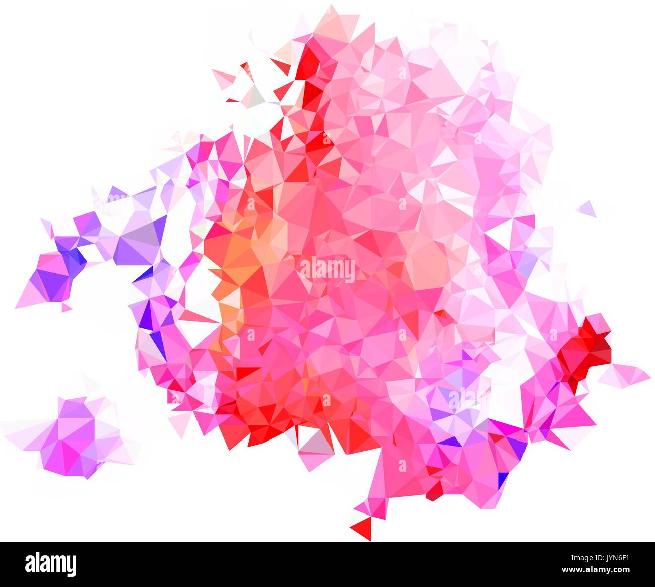 Abstrakte Farbe splash Form. Trianguliert geometrische Low Poly Hintergrund, Amethyst, lila und orange Tönen. Auf weiß isoliert. Für ihr Design. Stock Vektor