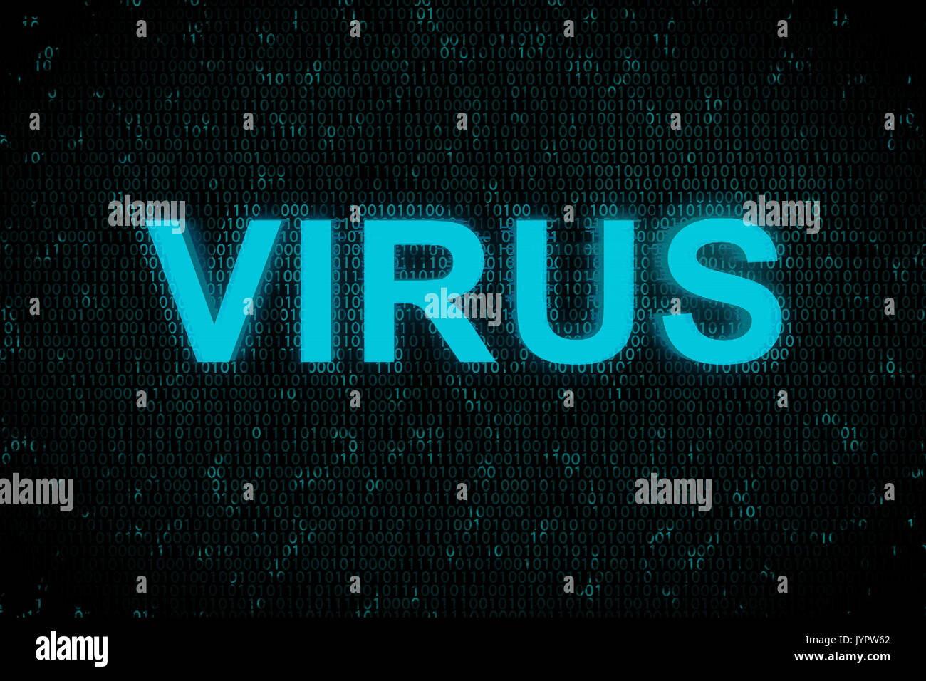 Blue-Fehlermeldung mit Wort Virus auf Digital Source code Hintergrund. Konzept der Hacker Angriff Stockfoto