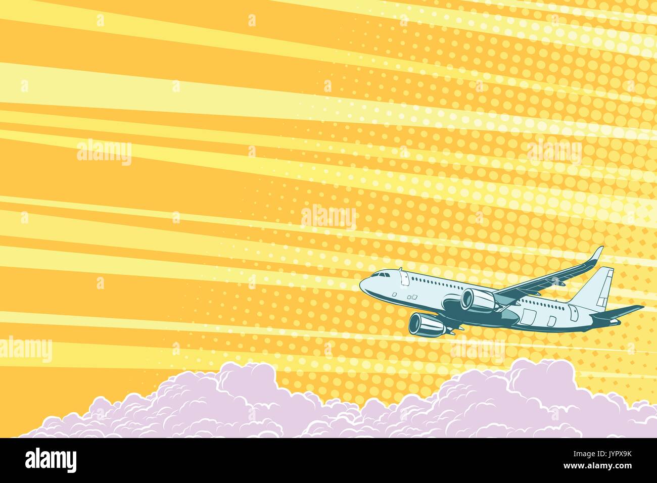 Luftfahrt Flugzeuge fliegen über den Wolken, vector Hintergrund. Flugzeug Luftfahrt reisen reise Tourismus Luftverkehr. Pop Art retro Vektor illustration Stock Vektor