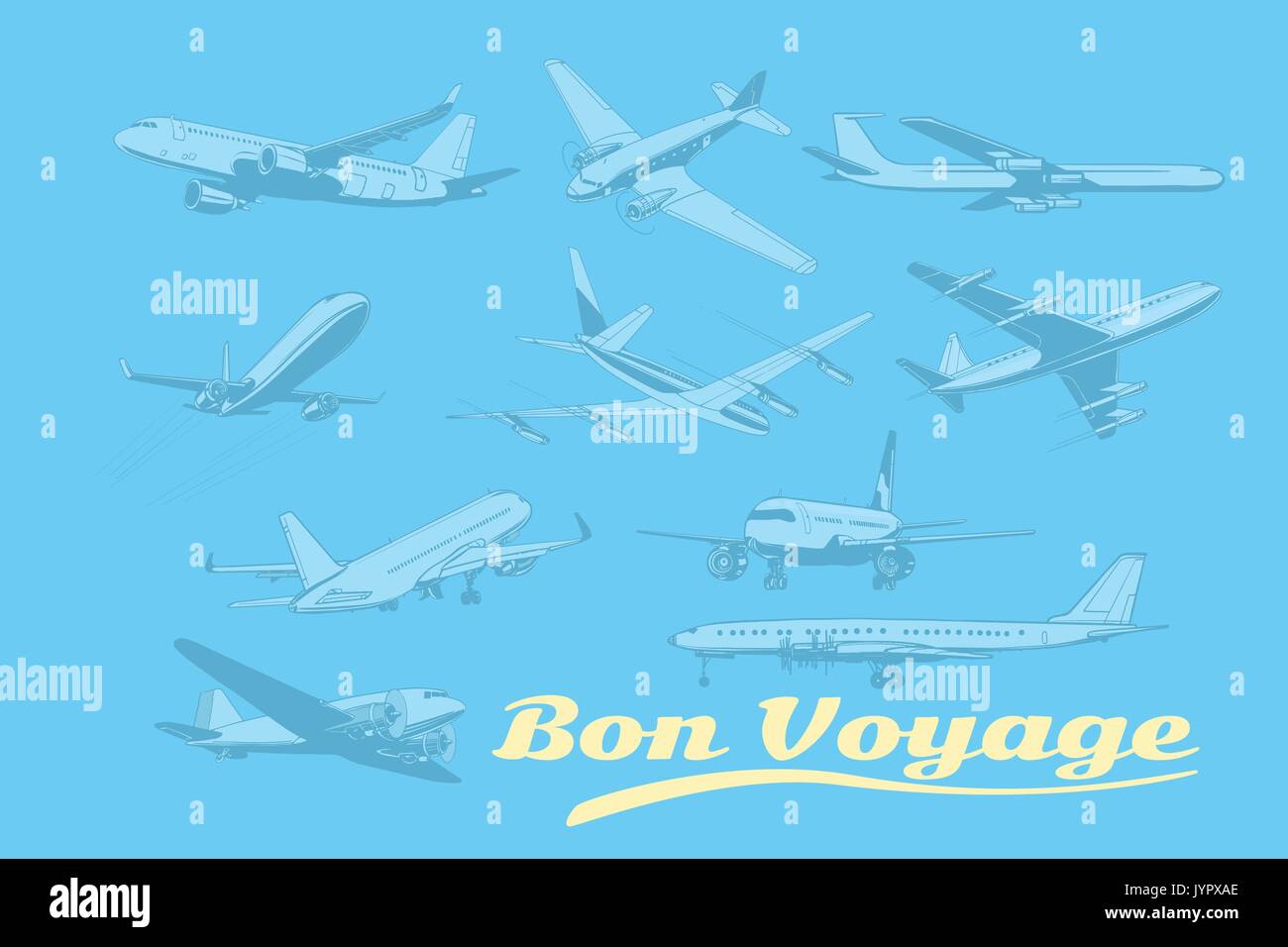 Bon Voyage, von Flugzeugen Luftverkehr eingestellt. Flugzeug Luftfahrt reisen reise Tourismus Luftverkehr. Pop Art retro Vektor illustration Stock Vektor