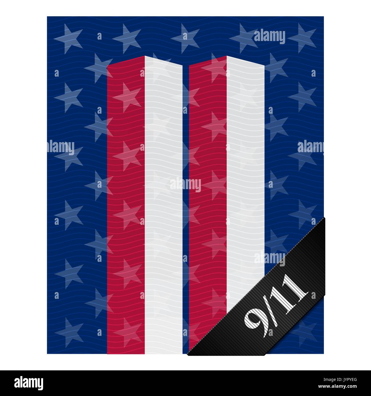 Patriot Tag. Vektor Poster im Gedenken an den Terroranschlag auf das World Trade Center in New York. Sterne und Streifen der US-Flagge in Form von Twin Towers. Stock Vektor