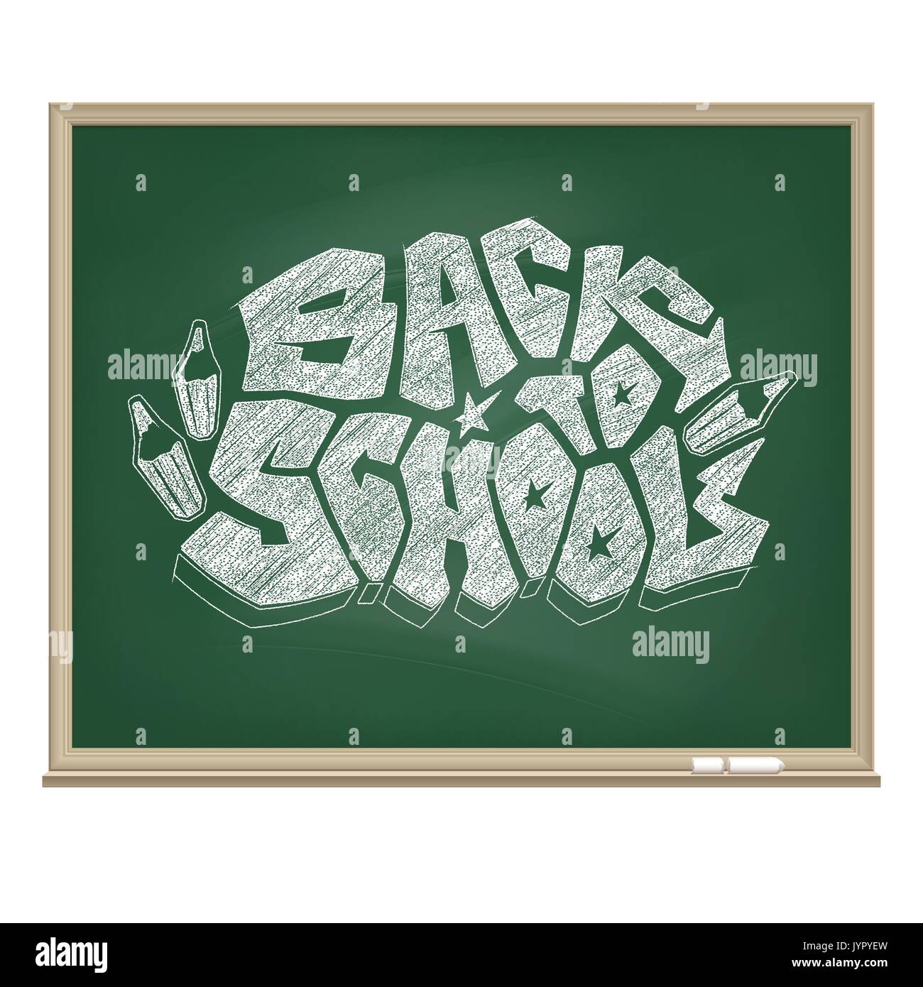 Graffiti logo Zurück zur Schule durch eine weiße Kreide auf die Pädagogische grünes Brett gezeichnet. Original vektor Symbol der Bereitschaft für eine neue Schule. Stock Vektor