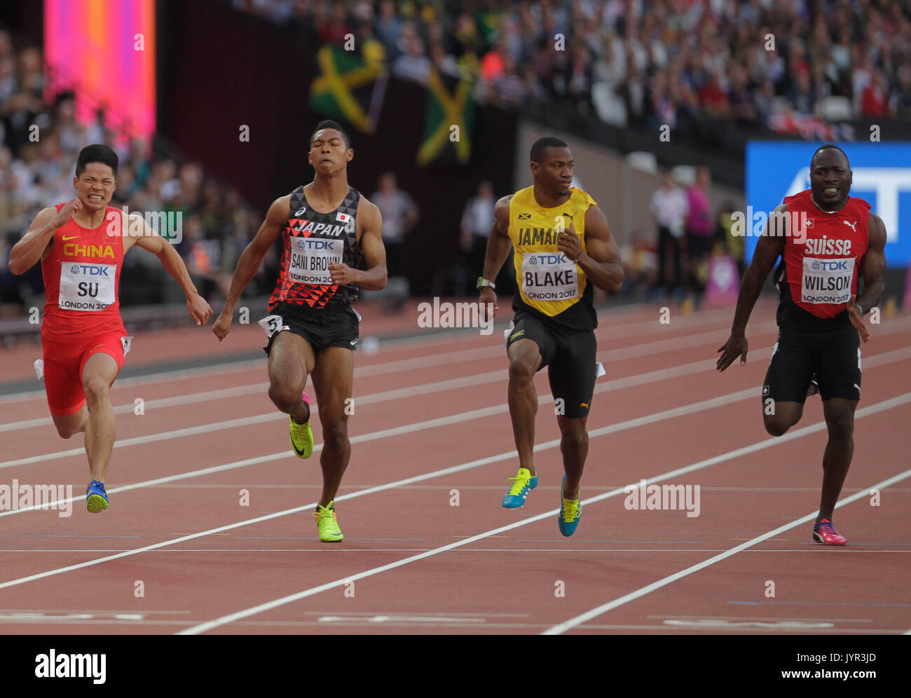 5. August 2017, London Stadium, East London, England; Leichtathletik-WM, Tag 2; Bingtian Su, Abdul Hakim Sani Braun, Johan Blake und Alex Wilso Stockfoto