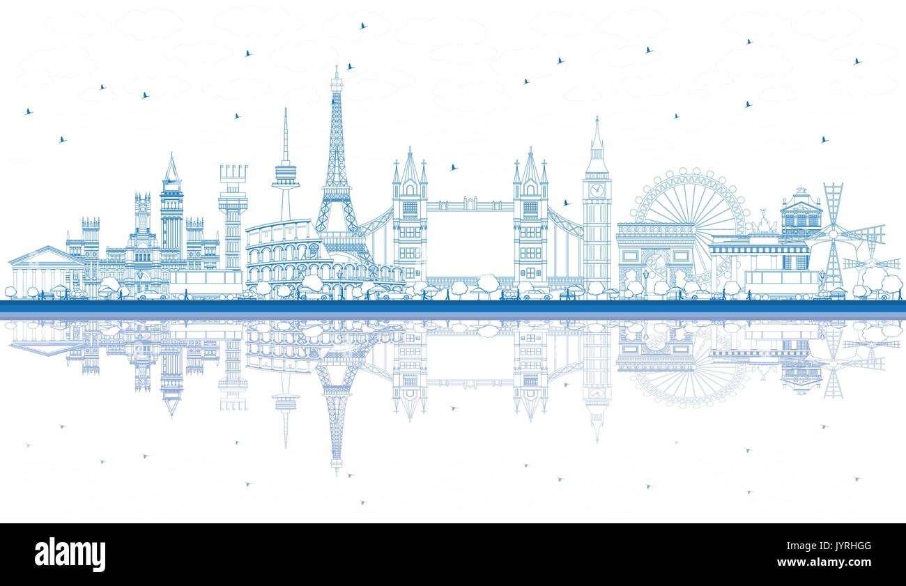 Übersicht Sehenswürdigkeiten in Europa mit Reflexionen. Vector Illustration. Business Travel und Tourismus Konzept. Bild für Präsentation, Banner, Plakat Stock Vektor