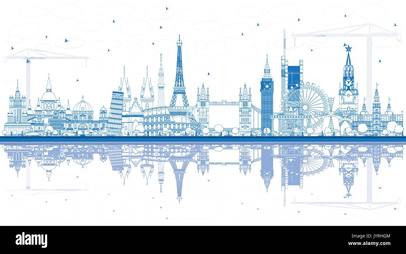 Übersicht Sehenswürdigkeiten in Europa mit Reflexionen. Vector Illustration. Business Travel und Tourismus Konzept. Bild für Präsentation, Banner, Plakat Stock Vektor