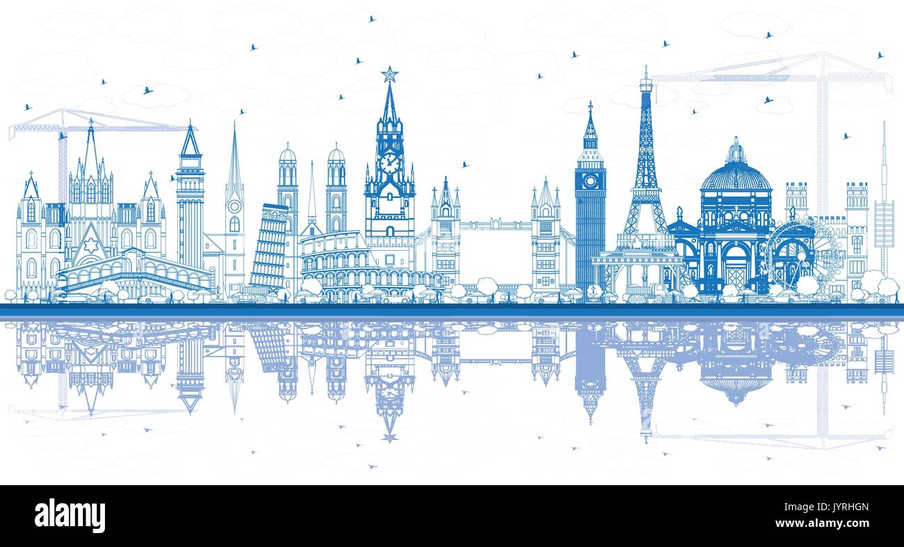 Übersicht Sehenswürdigkeiten in Europa mit Reflexionen. Vector Illustration. Business Travel und Tourismus Konzept. Bild für Präsentation, Banner, Plakat Stock Vektor