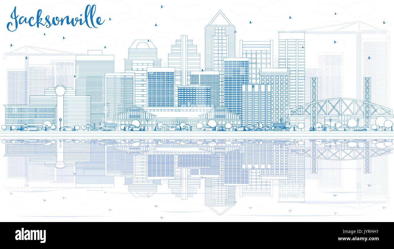 Umrisse Jacksonville Skyline mit blauen Gebäude und Reflexionen. Vector Illustration. Business Travel und Tourismus Konzept mit moderner Architektur. Stock Vektor