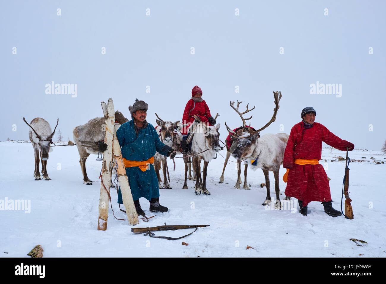 Die Mongolei, khovsgol Provinz, die Tsaatan, Rentierzüchter, winter Migration, Transhumanz Stockfoto