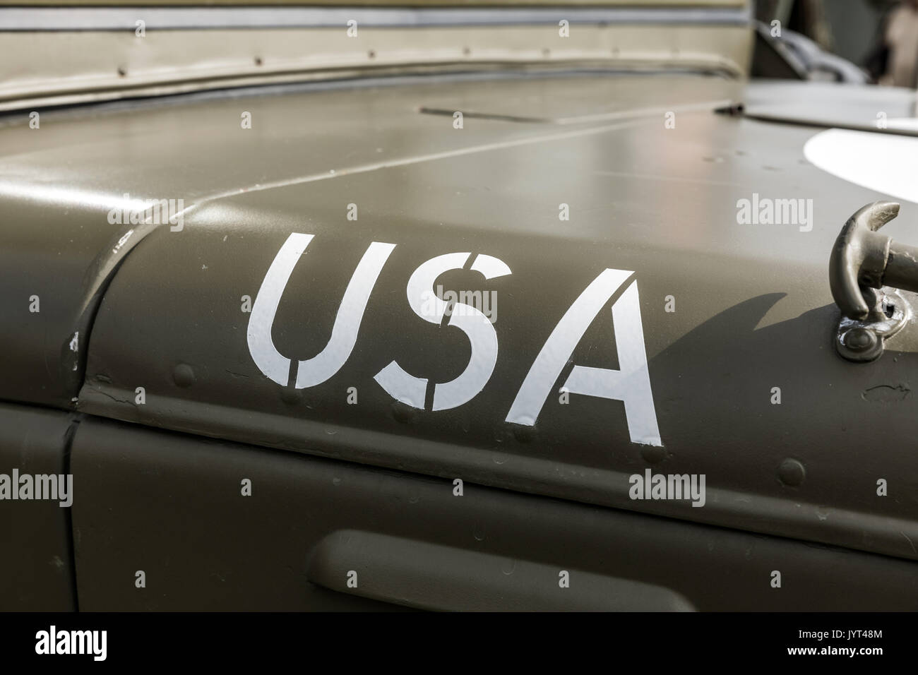 USA Lack auf der Motorhaube eines militärischen Fahrzeug der Zweiten Weltkrieg II. Stockfoto