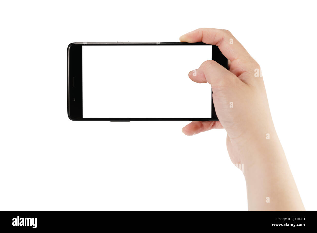 Junge weibliche Hand unter Foto mit Smartphone isoalted auf Weiß Stockfoto