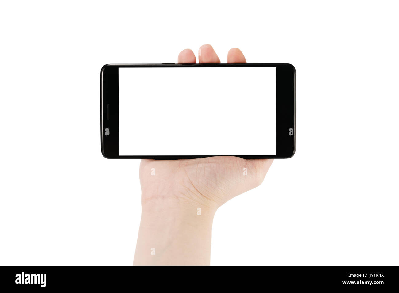 Junge weibliche Hand smartphone isoalted auf Weiß Stockfoto
