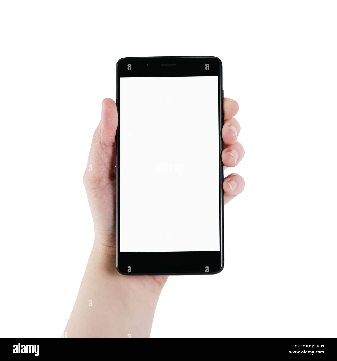 Weibliche jugendlich Linken holding Smartphone auf Weiß isoliert Stockfoto
