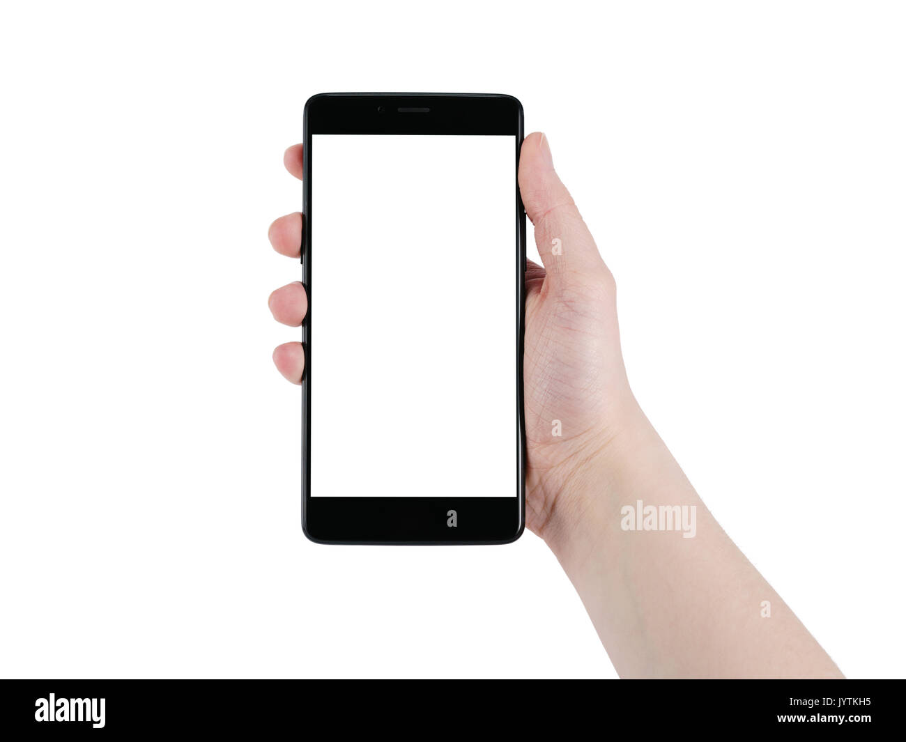 Weibliche Teenager mit der rechten Hand mit Smartphone auf Weiß isoliert Stockfoto