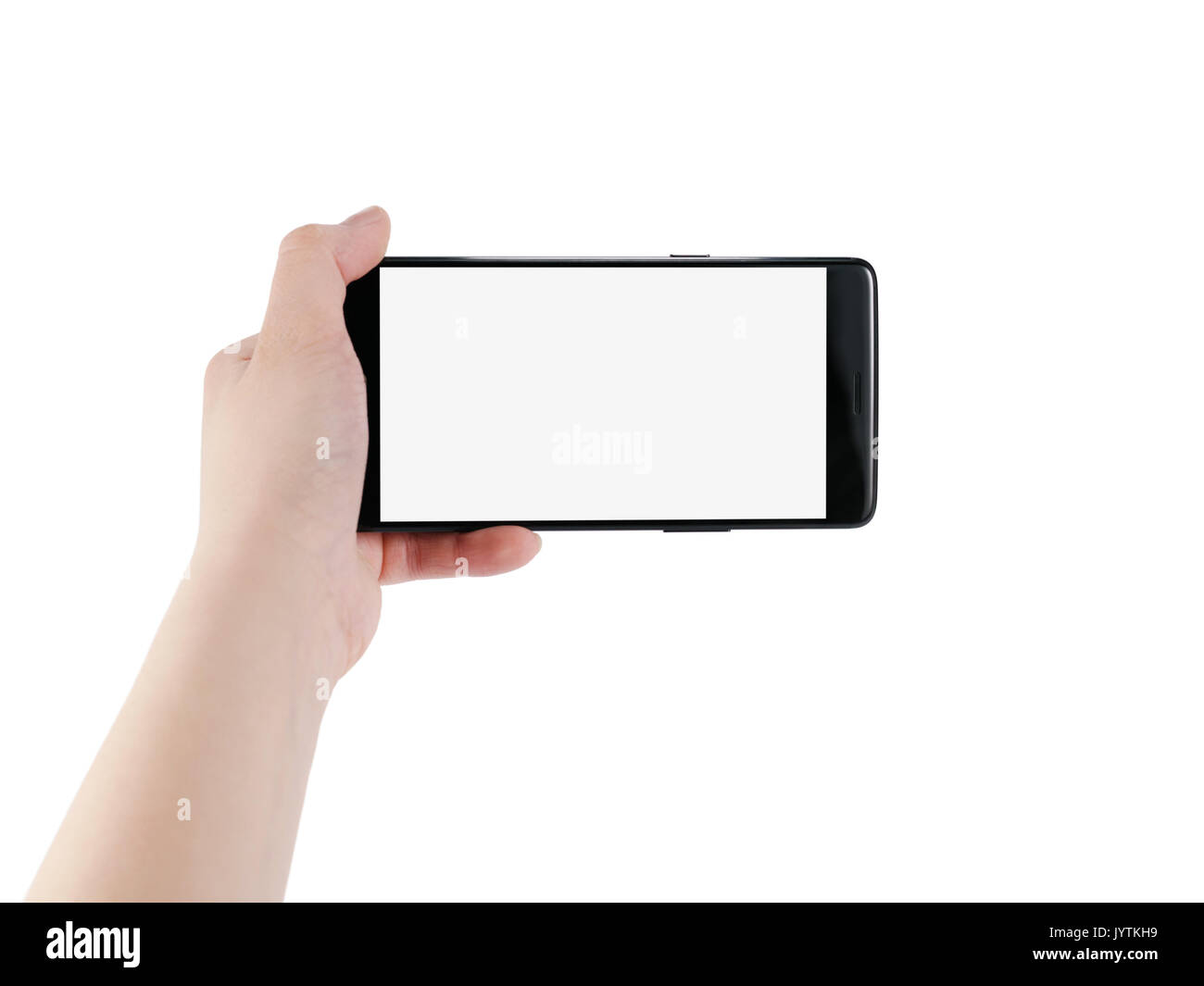 Weibliche jugendlich Linken holding Smartphone auf Weiß isoliert Stockfoto