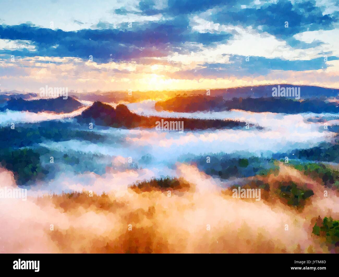 Aquarell Malen Farbe Wirkung Red Neblige Landschaft Panorama In Die Berge Fantastische Vertraumte Sonnenaufgang Auf Rocky Mountains Mit Blick Auf Nebligen Misty V Stockfotografie Alamy