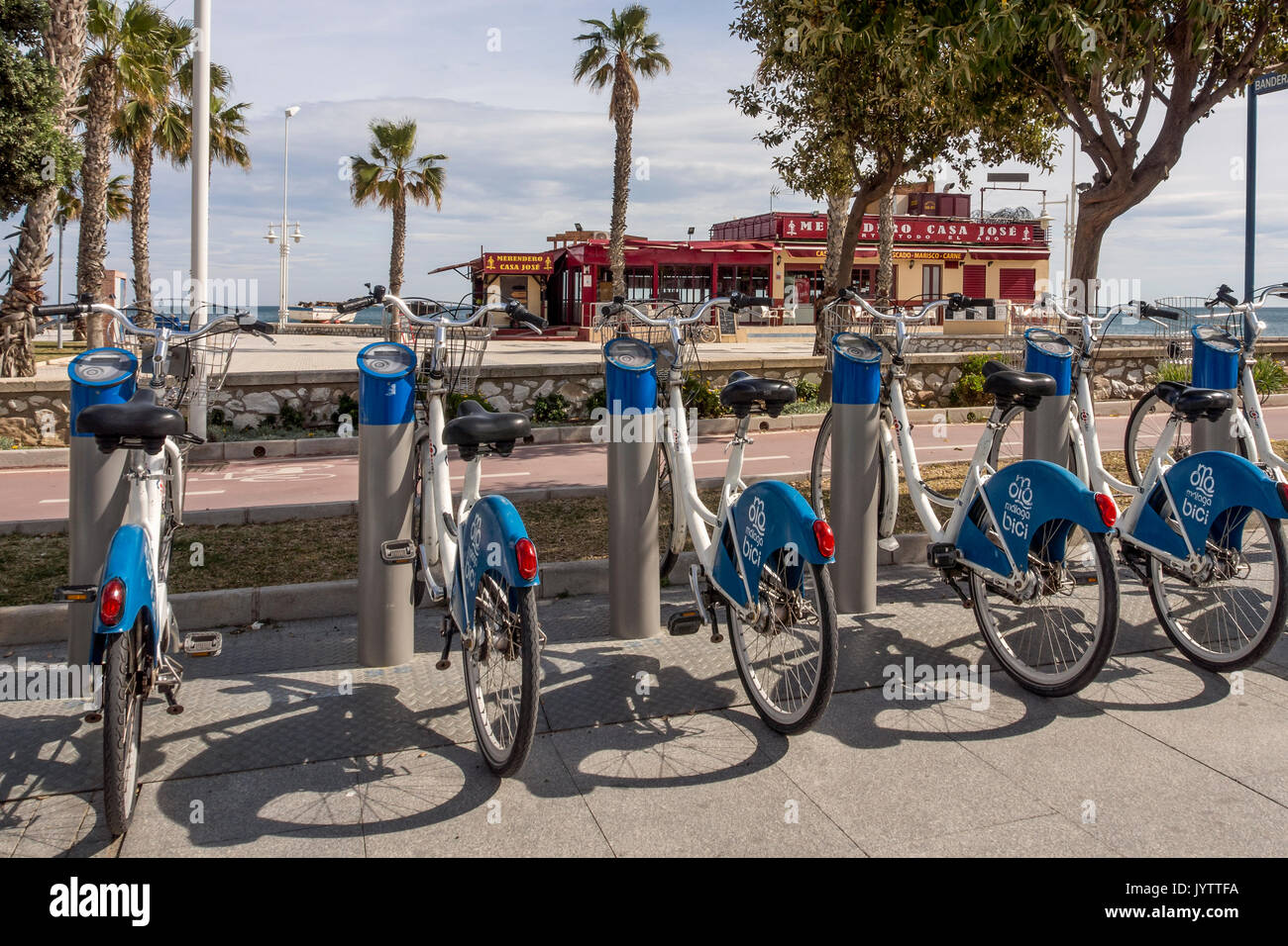 MALAGA, SPANIEN - 09. MÄRZ 2016: City Municipal Bici Fahrradverleihstation Stockfoto