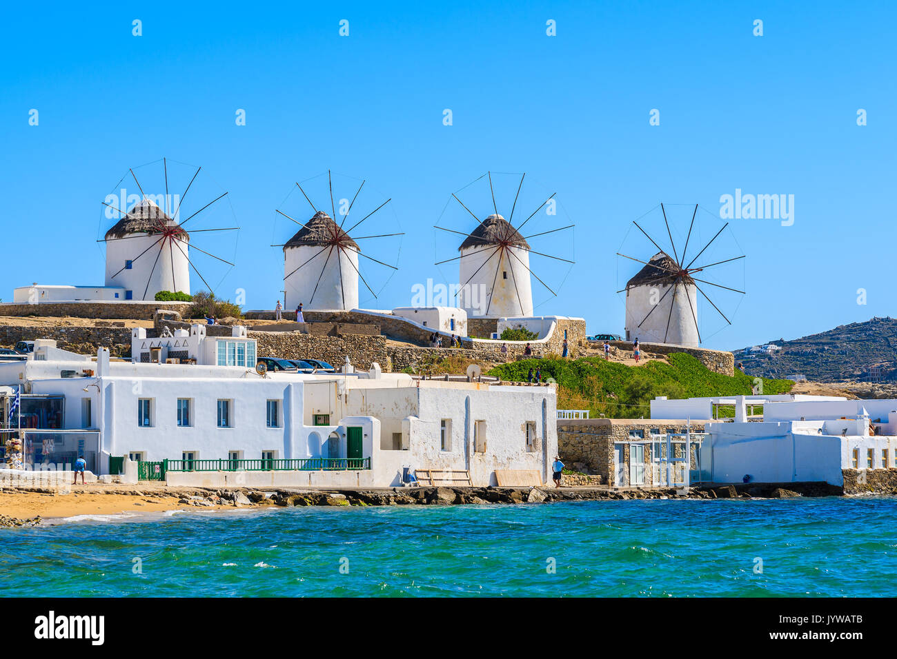 Berühmten traditionellen Windmühlen auf der Insel Mykonos, Kykladen, Griechenland Stockfoto