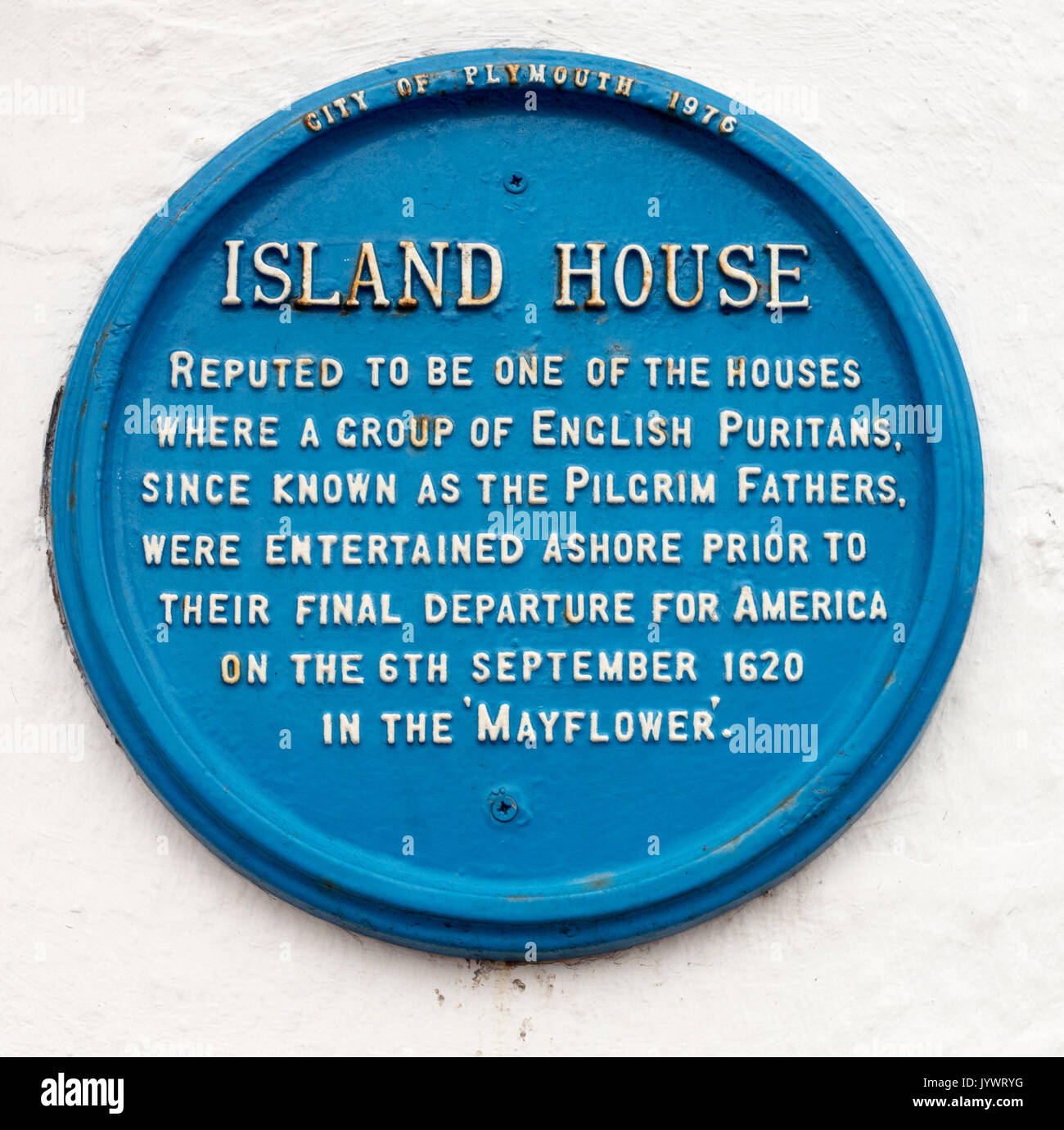 Blau Gedenktafel zur Erinnerung an das Island House, Barbican, Plymouth, Devon, England, Großbritannien Stockfoto