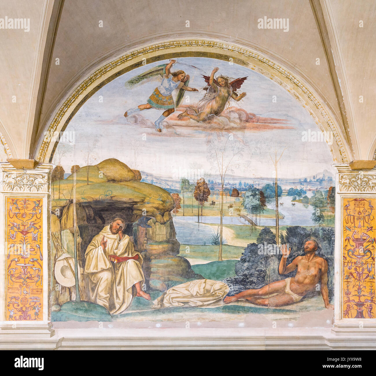 Fresko von Sodoma, Benedikt ist versucht, die Abtei von Monte Oliveto Maggiore, Italien Stockfoto