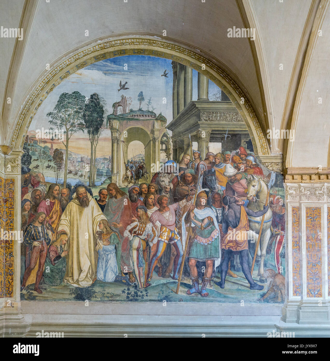 Fresko von Sodoma, Szene 12: Benedikt empfängt Maurus und Placidus, die Abtei von Monte Oliveto Maggiore, Toskana, Italien Stockfoto