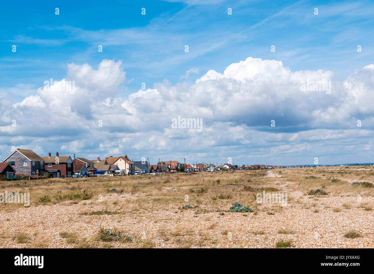 Häuser hinter dem Kieselstrand von Dungeness in Lydd-on-Sea, Kent Stockfoto