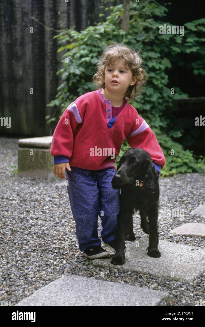 Kind mit Hund im Sommer Stockfoto