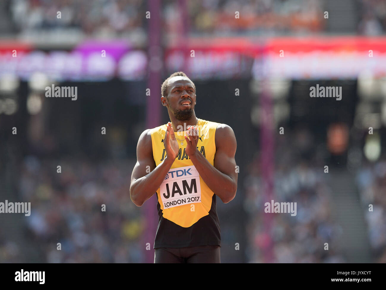 London, Grossbritannien. 12 Aug, 2017. Usain Bolt (Team JAM) klatscht, klatschend, Geste, Gestik, Vorlauf Staffel 4 x 100 m der Maenner am 12.08.2017 Wirtschaft Championships 2017 in London/Grossbritannien, vom 04.08. - 13.08.2017. | Verwendung weltweit Quelle: dpa/Alamy leben Nachrichten Stockfoto