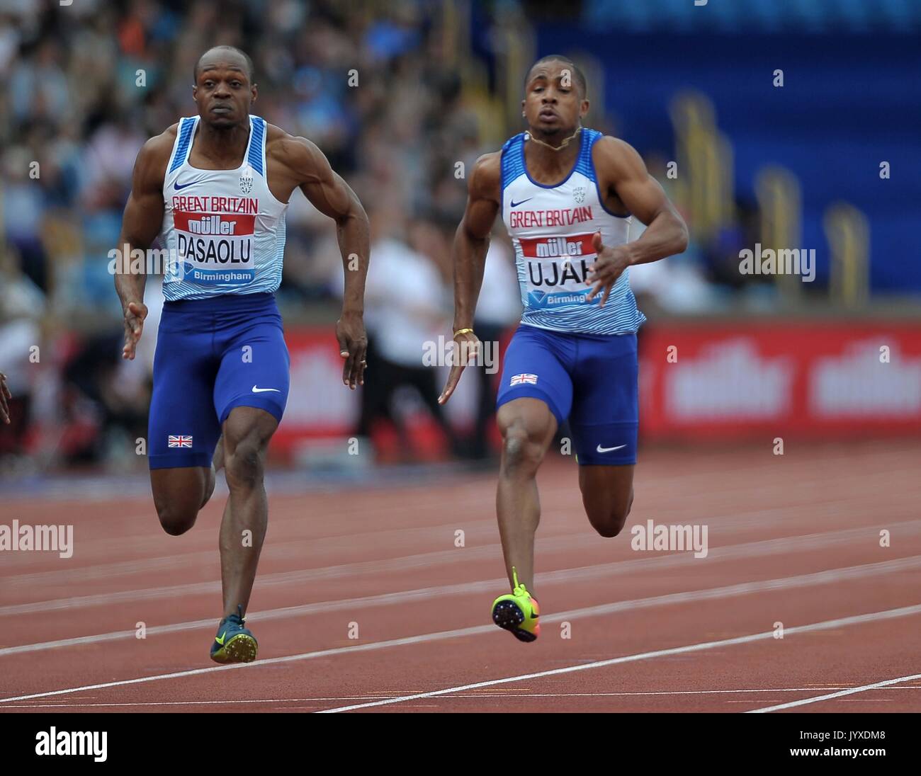 Birmingham, Großbritannien. 20 Aug, 2017. James und DASAOLU UJAH Chijindu (GBR) in der mens 100 m. Muller Grand Prix Athletik. Birmingham Grand Prix. Alexander Stadium. Perry Barr. Birmingham. UK. 20.08.2017. Credit: Sport in Bildern/Alamy leben Nachrichten Stockfoto