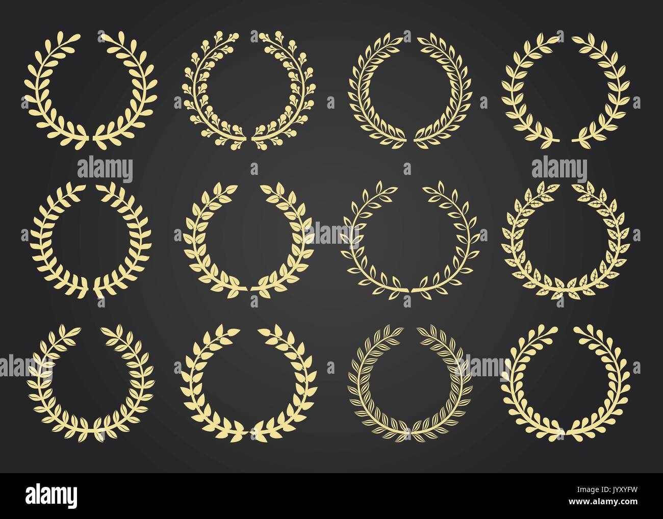 Zwölf gold award Kränze isoliert auf Schwarz. Vector Illustration Stock Vektor