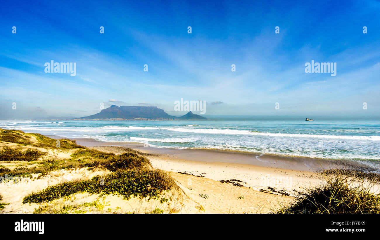 Am frühen Morgen Blick auf Kapstadt und den Tafelberg und den Lion's Head und Signal Hill auf der rechten Seite und Devil's Peak auf der linken Seite. Von Bloubergstr gesehen Stockfoto