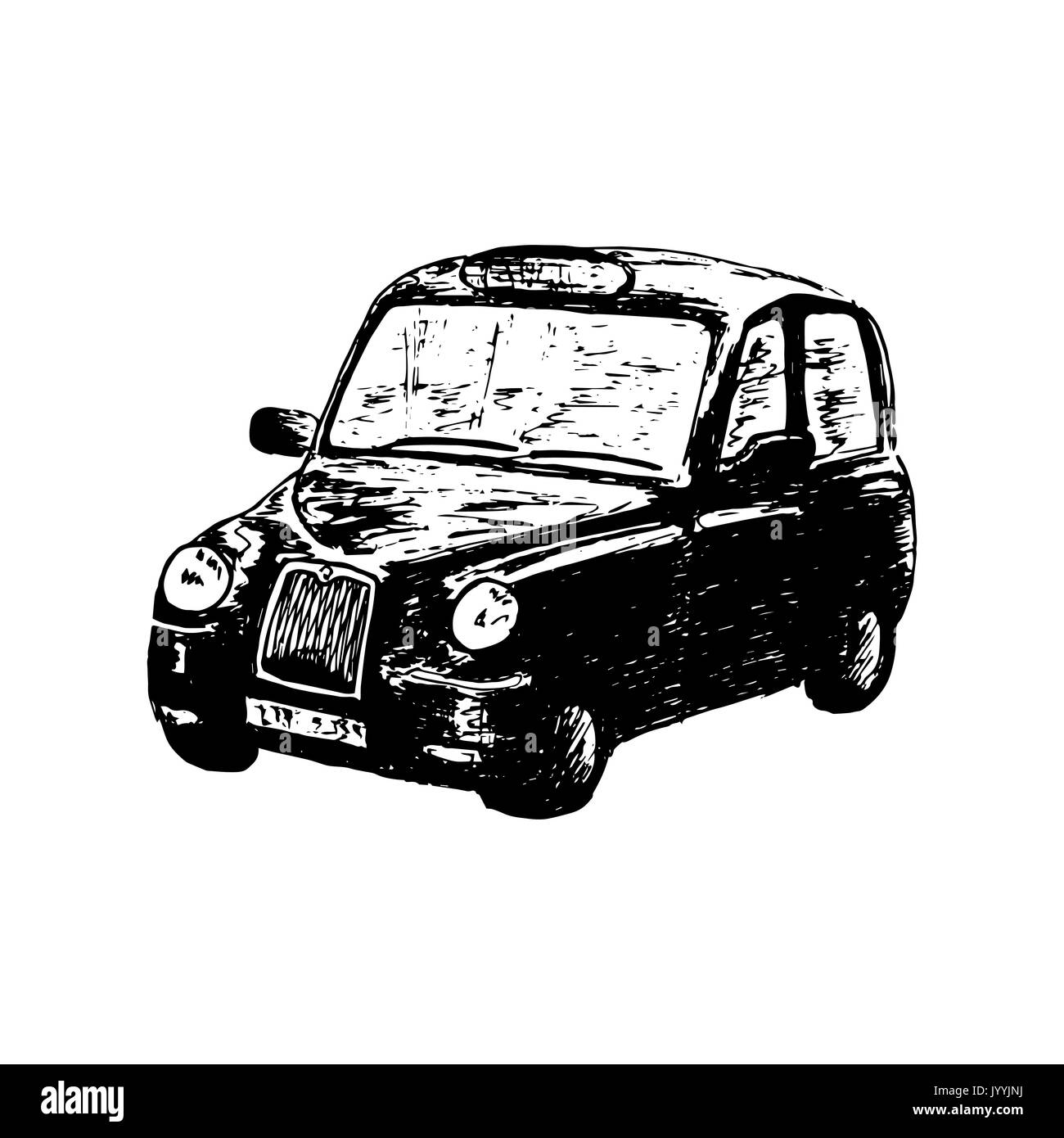 London Classic schwarz Taxi, isoliert, Vektor Skizze Abbildung gezeichnet. von der Seite. Retro Hackney Carriage Stock Vektor