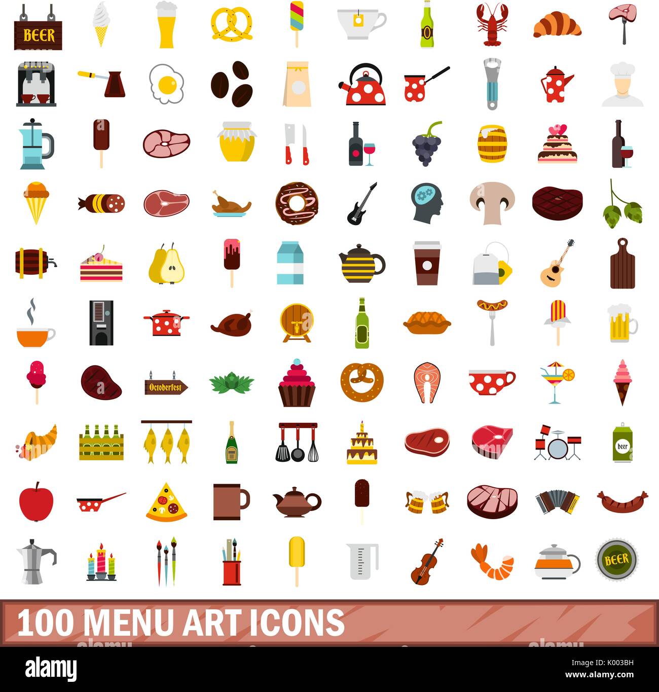 100 Menü kunst Symbole, flacher Stil Stock Vektor