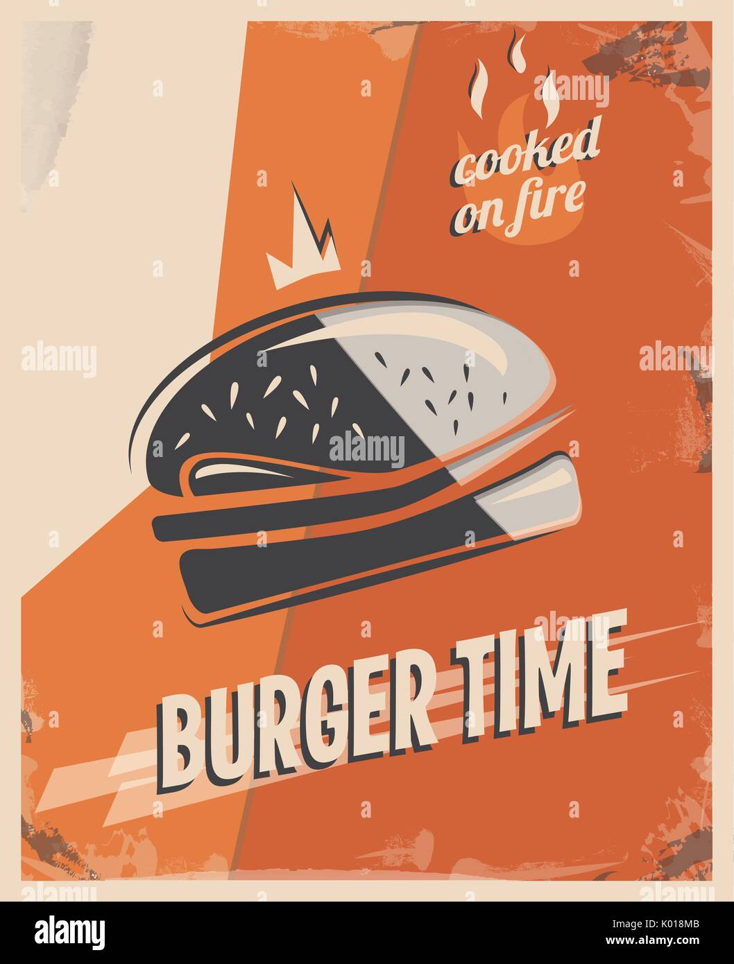 Retro Poster mit Burger mit Rindfleisch. Restaurant Konzept und Design. Vintage Style Hintergrund. Vector Illustration Stock Vektor