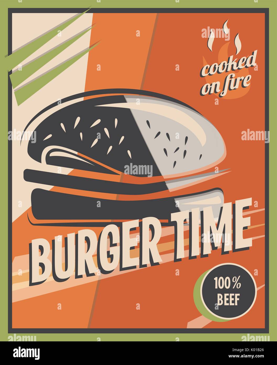 Retro Poster mit Burger mit Rindfleisch. Restaurant Konzept und Design. Vintage Style Hintergrund. Vector Illustration Stock Vektor