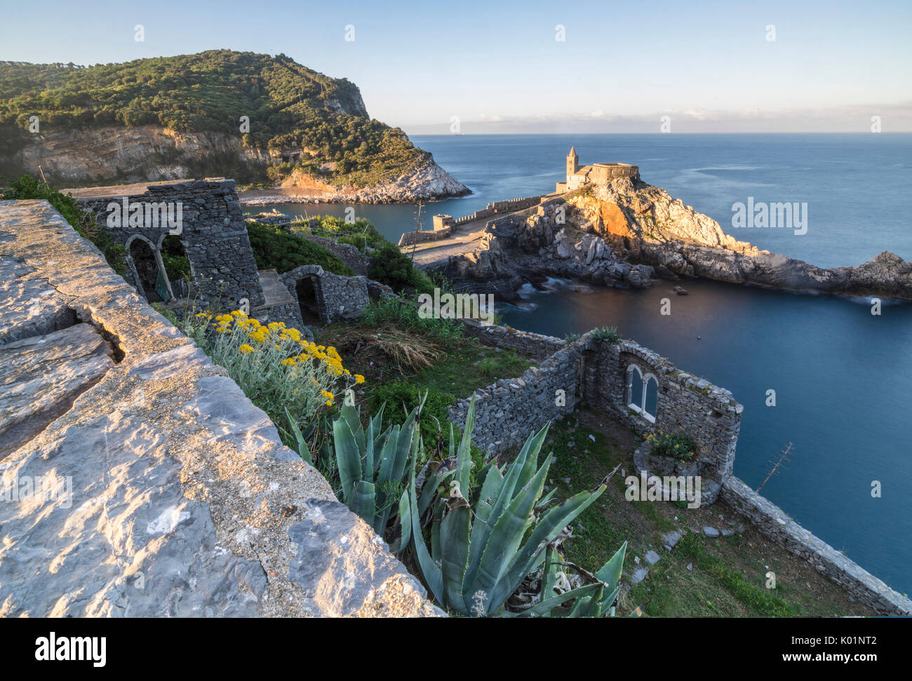 Blumen und blaues Meer Rahmen der alten Burg und Kirche in der Morgendämmerung Portovenere Provinz von La Spezia Ligurien Italien Europa Stockfoto