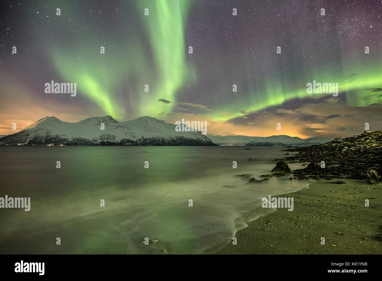 Northern Lights auf die eisige Landschaft von Svensby Lyngen Alpen Tromsø Lappland Norwegen Europa Stockfoto