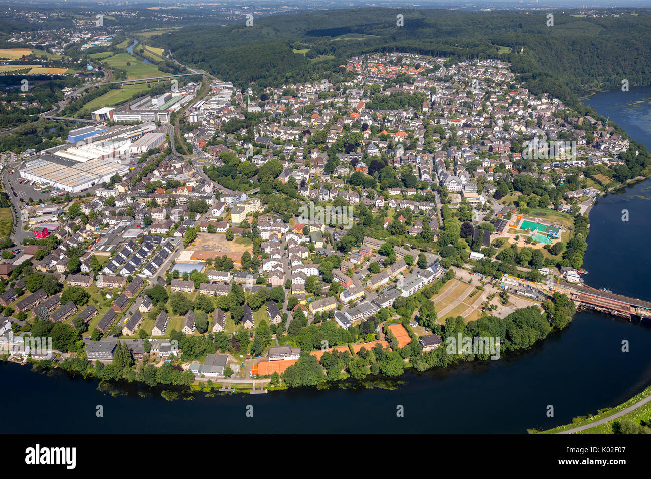 Obergraben, dam Harkortsee, lock Harkortsee, Überblick über Wetter von Südwesten gesehen, Wetter (Ruhr), Ruhr, Nordrhein-Westfalen, Deutschland, Europa, Aeria Stockfoto