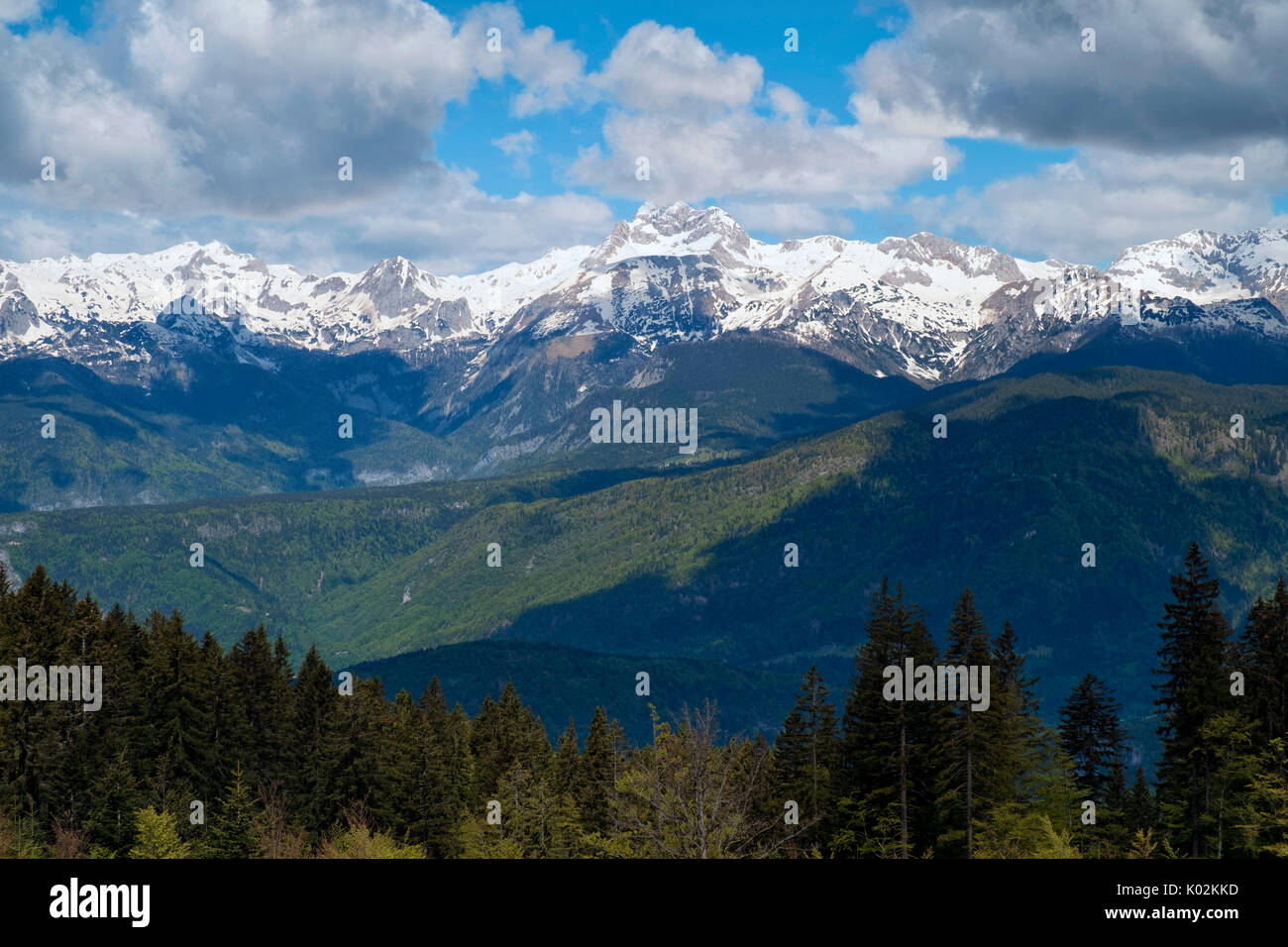 Blick auf Mt, Triglav - höchsten slowenischen Berg, von bewaldeten Jelovica Plateau. Stockfoto