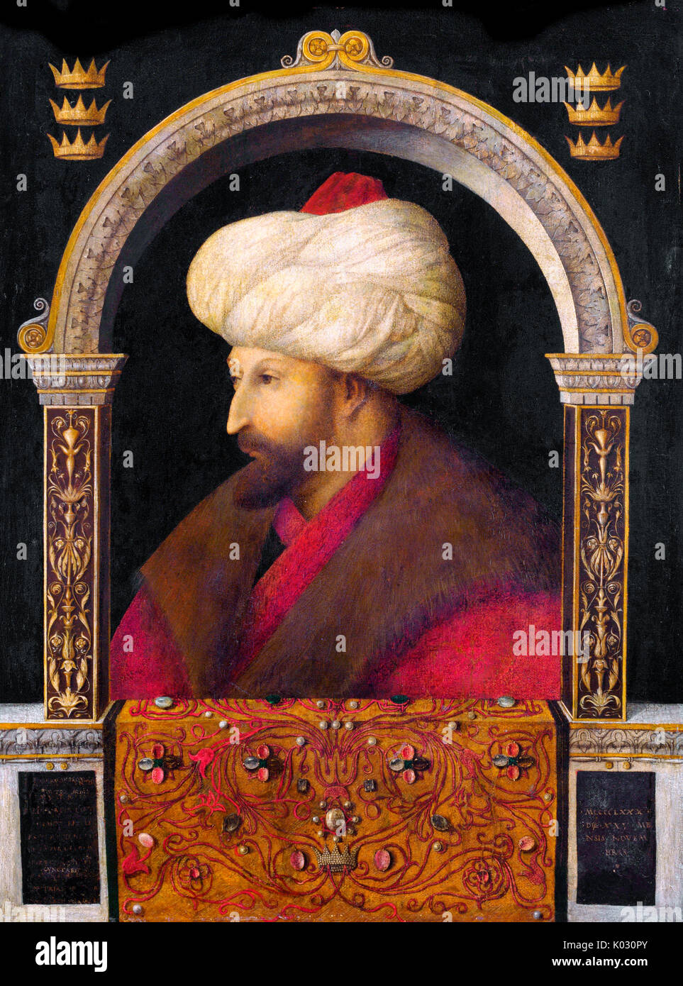 Das Porträt der osmanische Sultan Mehmed der Eroberer von italienischen Maler Gentile Bellini, 1480. Stockfoto