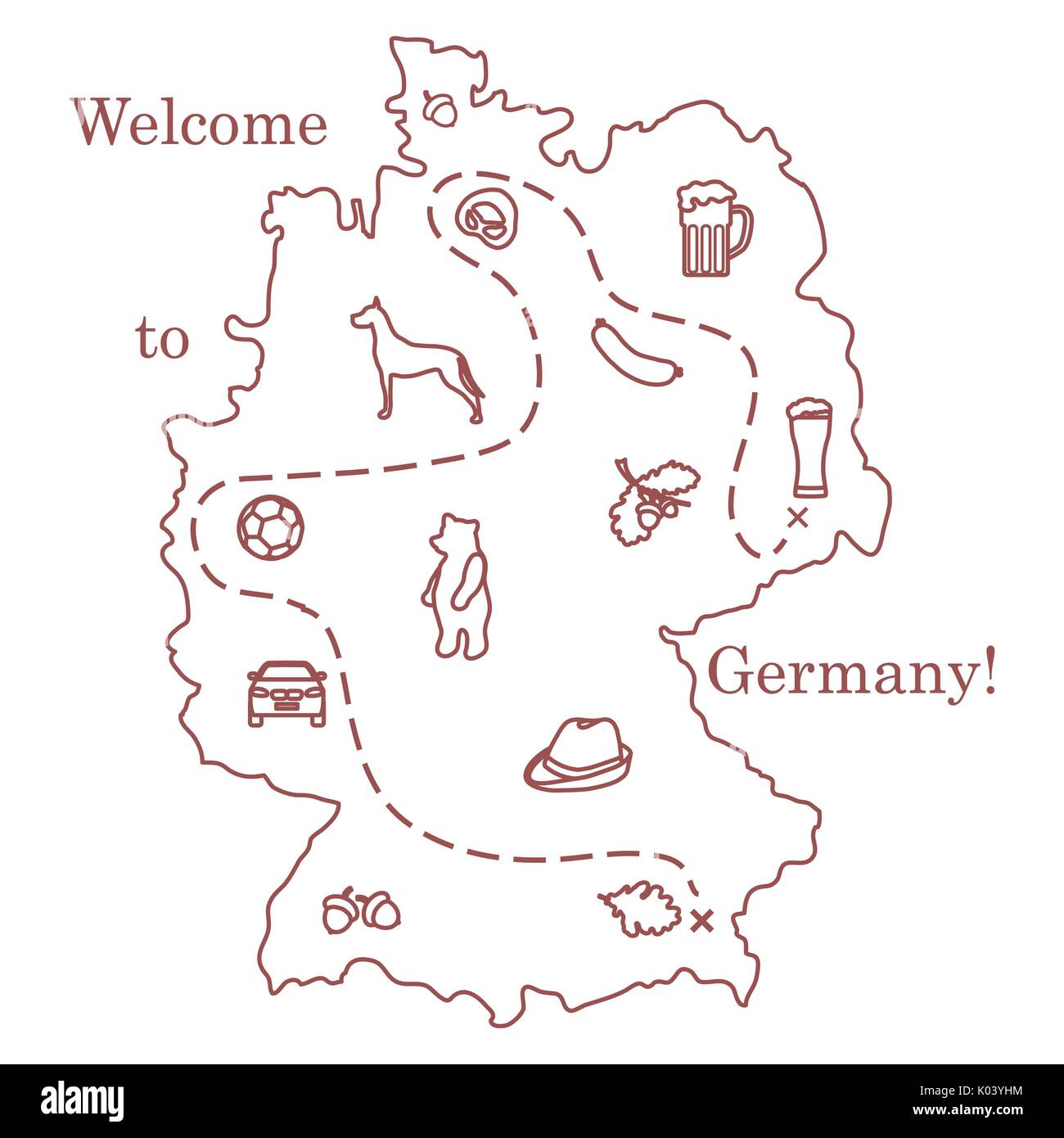 Vector Illustration mit verschiedenen Symbolen in Deutschland. Reisen und Freizeit. Design für Banner, Poster oder Drucken. Stock Vektor