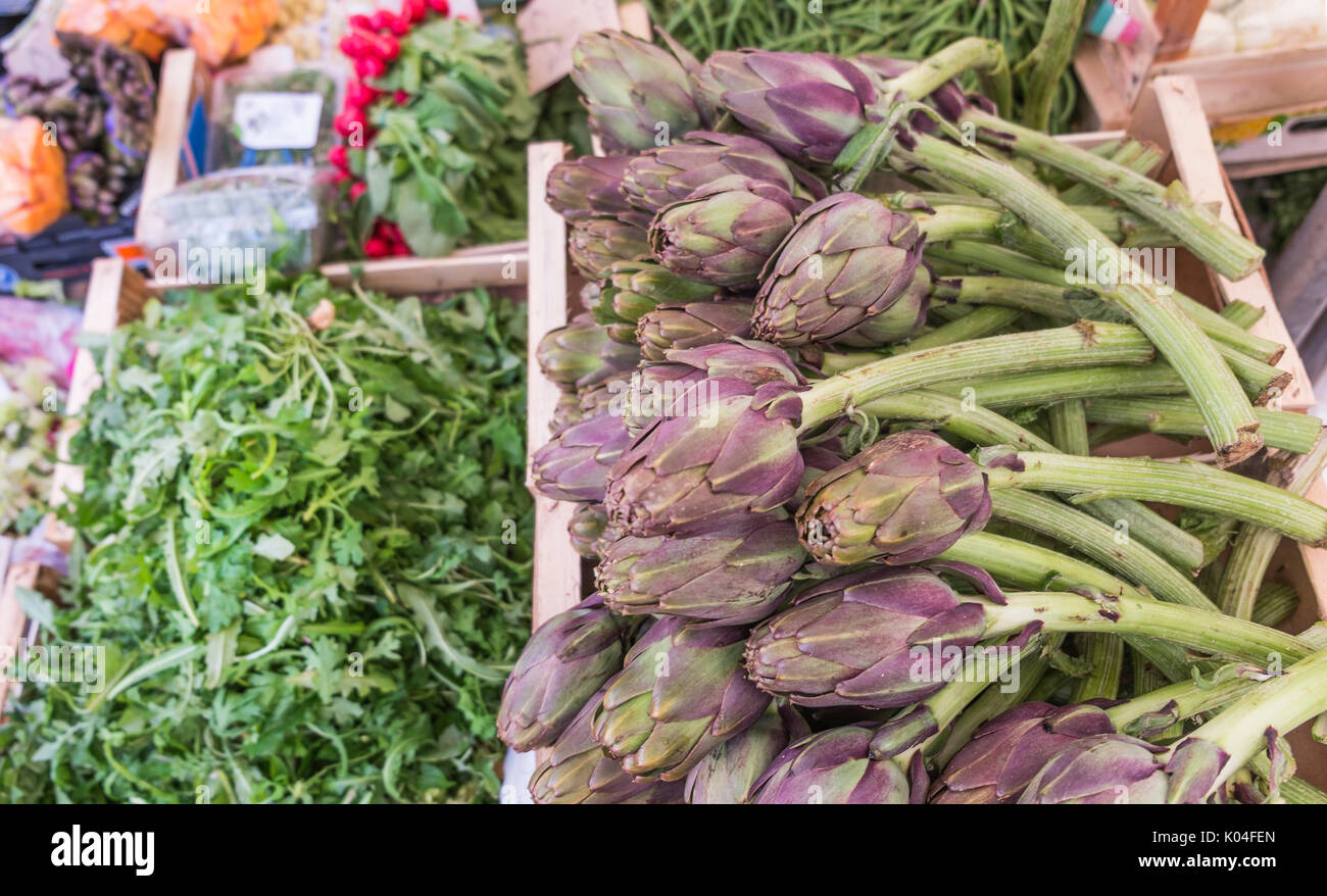 Frische Artischocken, Rucola und andere Gemüse auf Anzeige an einer am Campo dei Fiori Marktstand Stockfoto