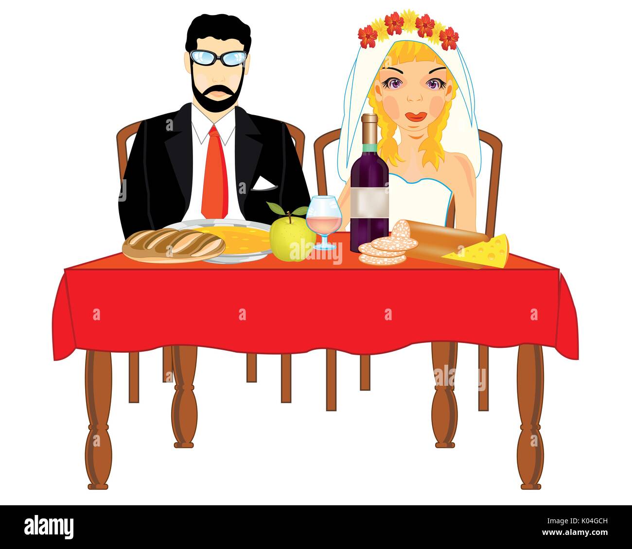 Bräutigam und Braut am Tisch. Vector Illustration Stock Vektor
